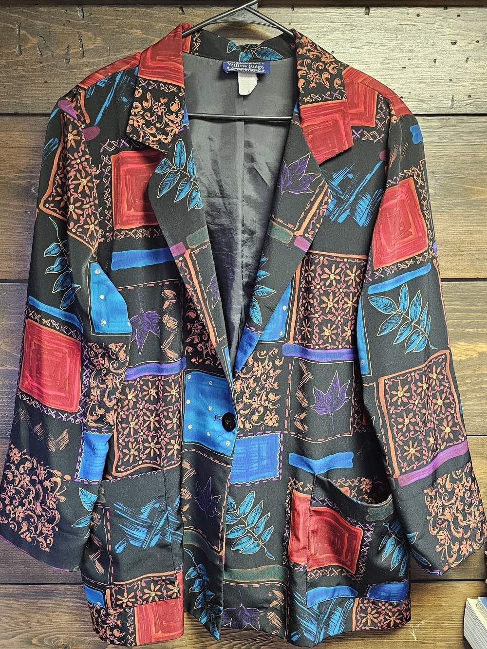 Vintage Patchwork Blazer Jacket - Black with Botanical Accentd Size Xl